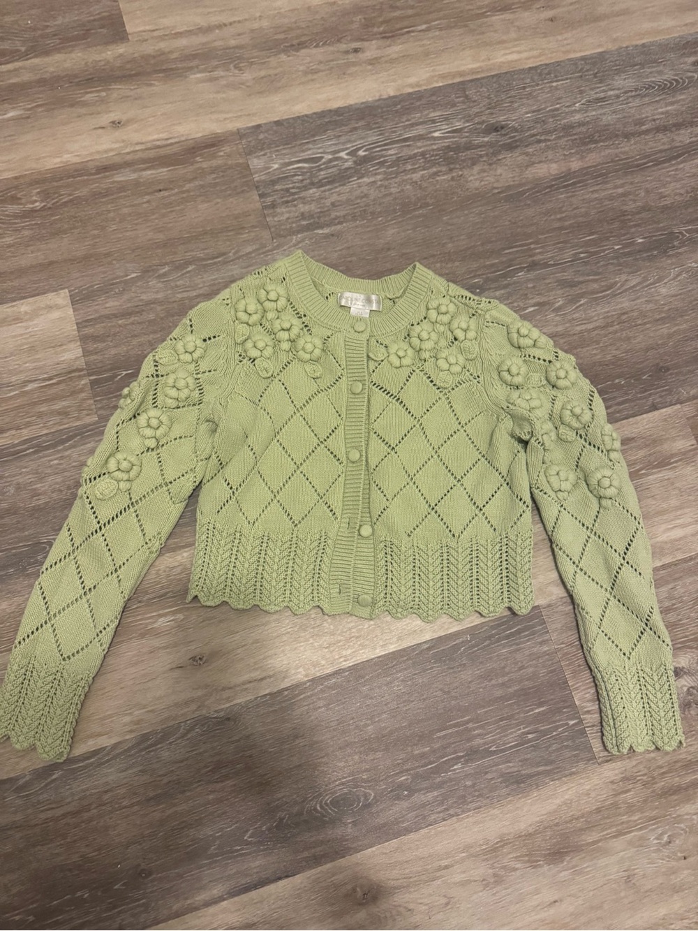 Caroline Constas Green Floral Appliqué Pointelle Knit Cardigan Size S